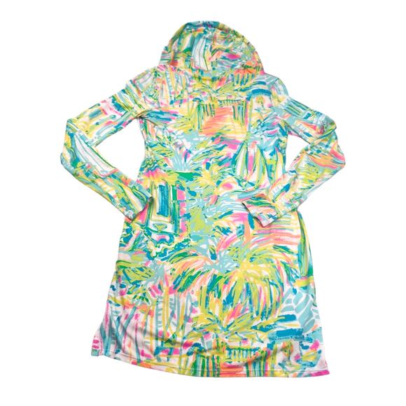 Lilly Pulitzer Dress XS Swim Cover Up Hooded Hoodie Tassel Neon Green Pink - Picture 3 of 15